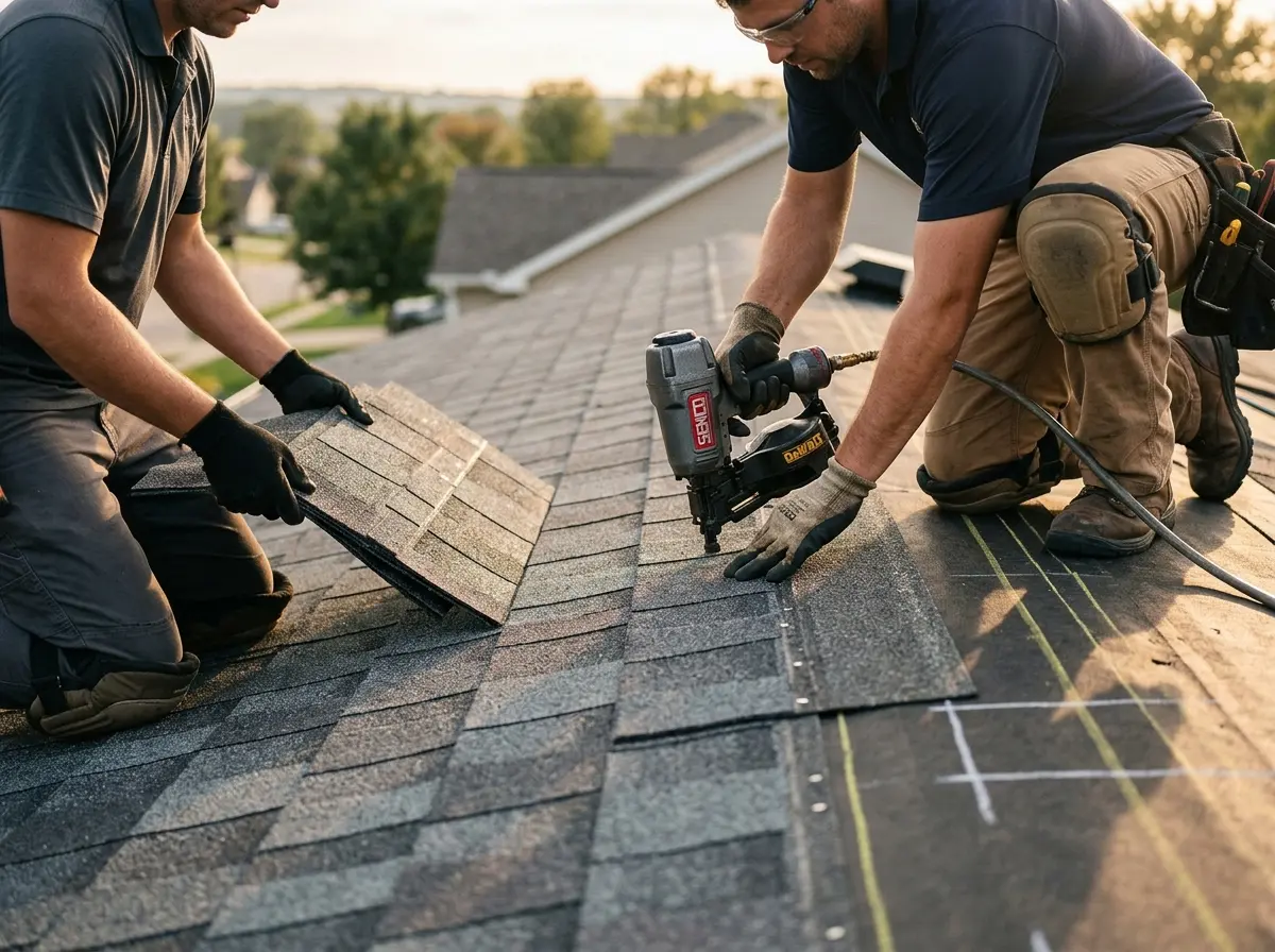 Professional roofer working on a residential roof in North Riverside